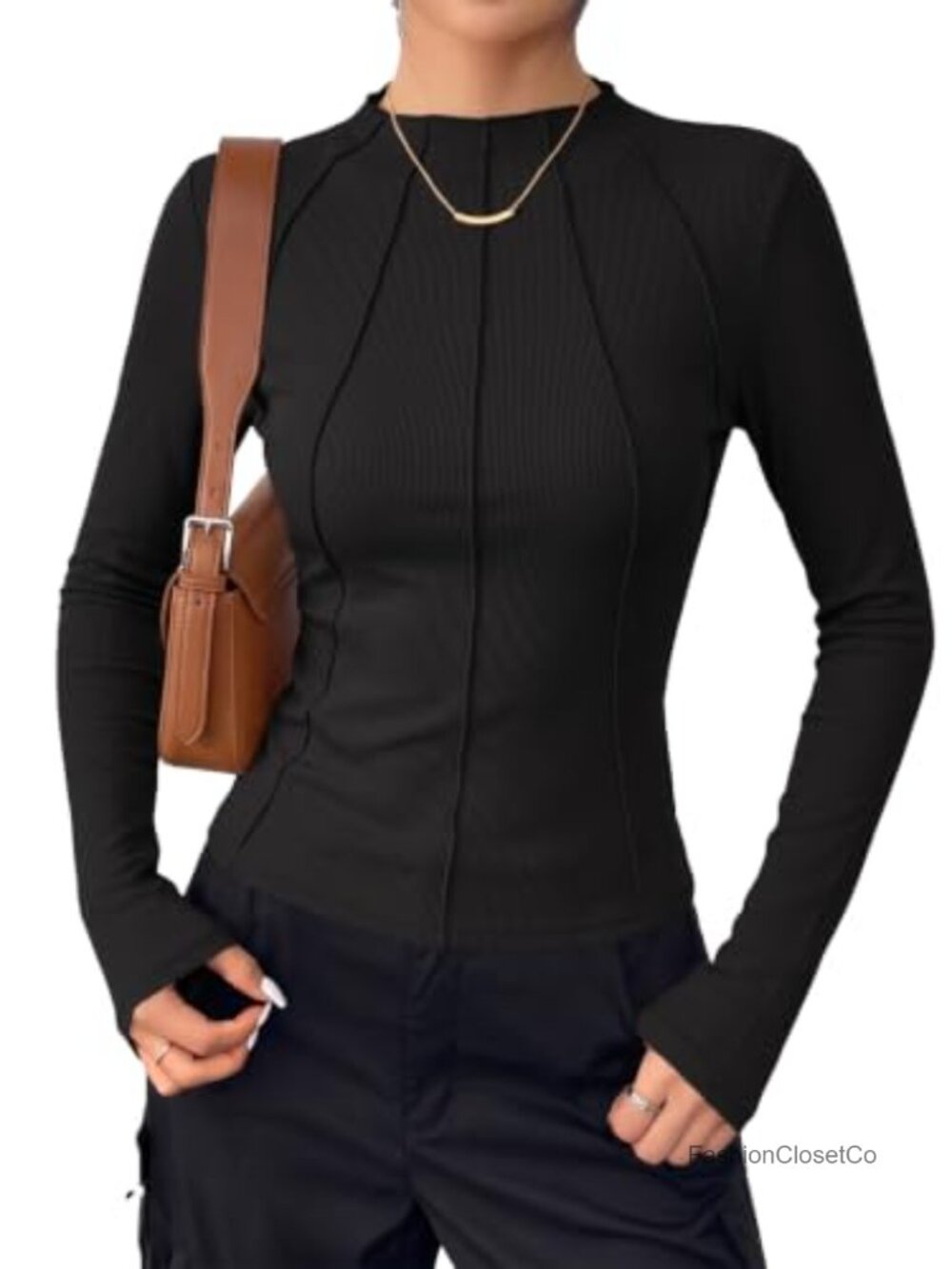 Women's Long Sleeve High Neck Ribbed Knife Pleat Slim Fit Top